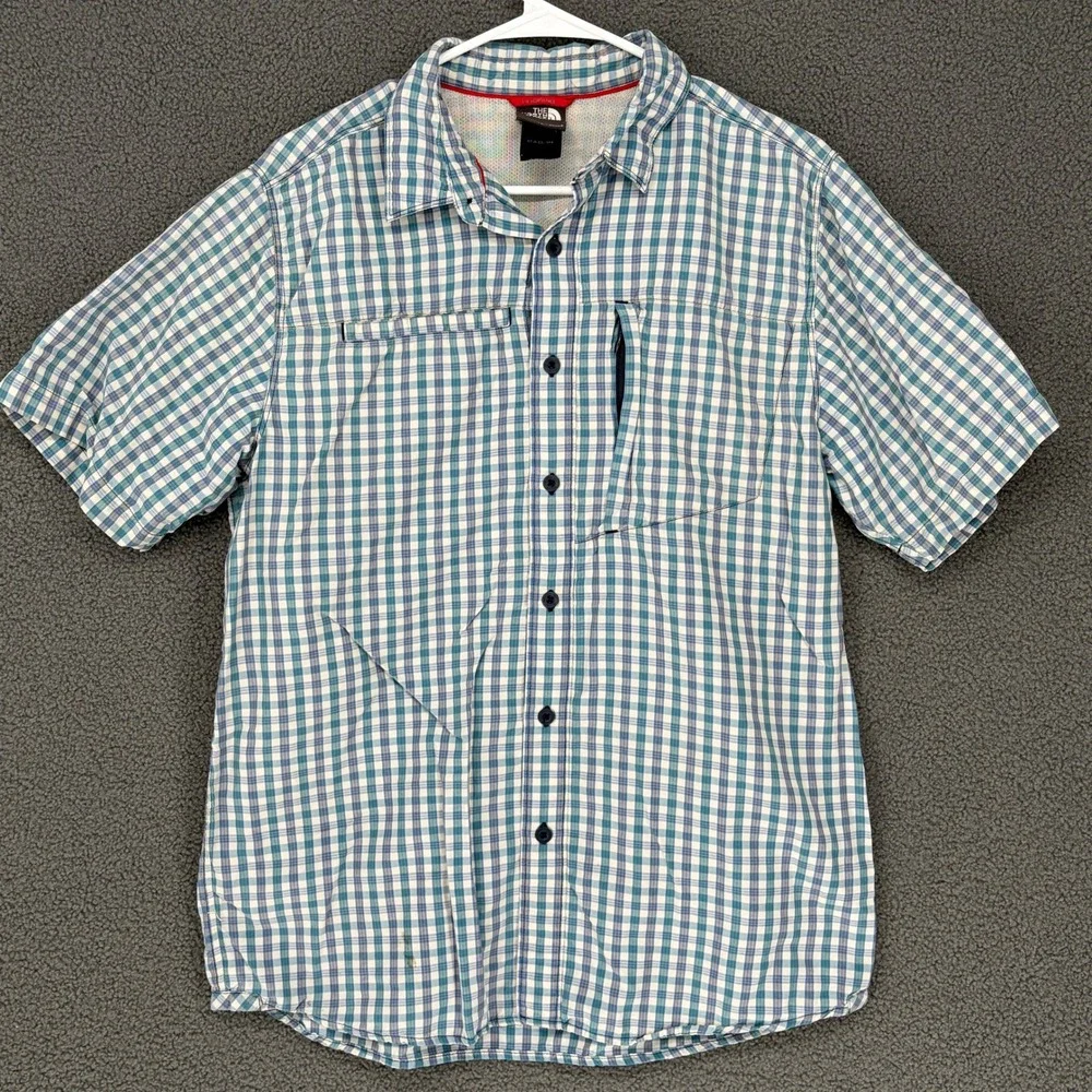 The North Face Mens Blue Green Plaid Short Sleeve Button Down Shirt Medium
